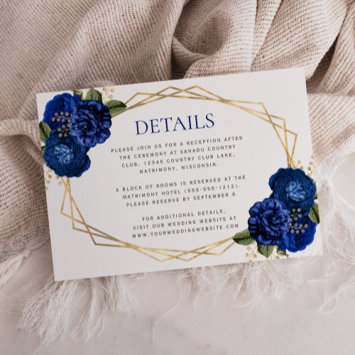 Geometric Royal Blue Floral Wedding Details RSVP Card