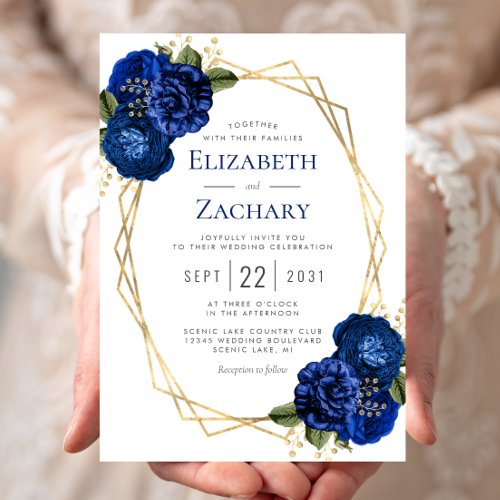 Geometric Royal Blue Floral Wedding Invitation