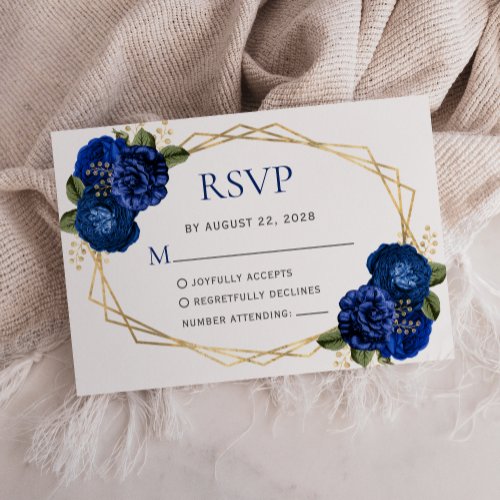 Geometric Royal Blue Floral Wedding RSVP Card