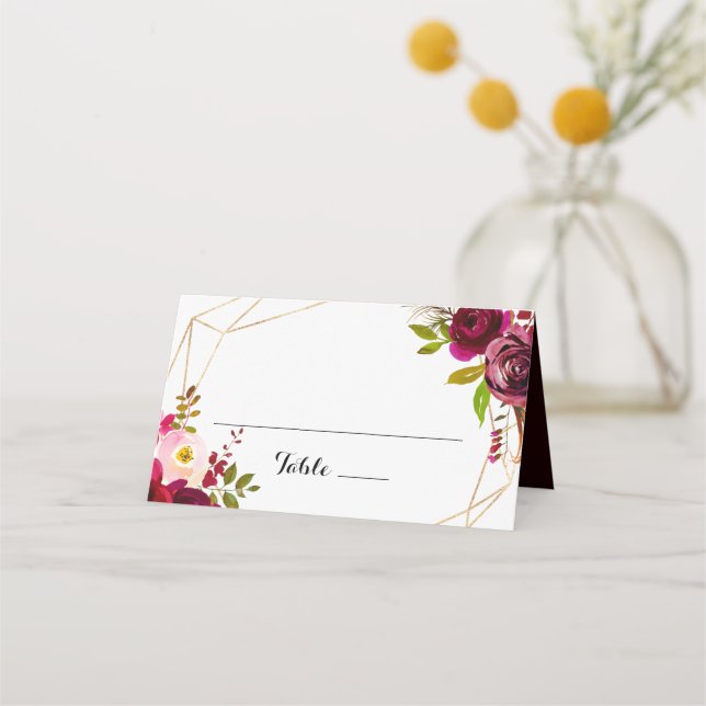 Geometric Rustic Blush Burgundy Wedding Place Card (Front)