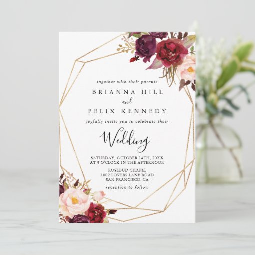 Geometric Rustic Boho Floral Front & Back Wedding Invitation | Zazzle