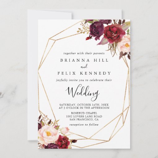 Geometric Rustic Boho Floral Front & Back Wedding Invitation | Zazzle