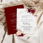 Geometric Rustic Boho Floral Front & Back Wedding Invitation<br><div class="desc">This geometric rustic boho floral front and back wedding invitation is perfect for a simple wedding. The design features pink, purple, red, and burgundy watercolor peonies clustered into elegant bouquets with green foliage, embellishing a gold geometric frame. Save paper by including more details on the back of the invitation instead...</div>