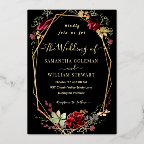 Geometric Rustic Boho Wildflower Black Wedding Foil Invitation