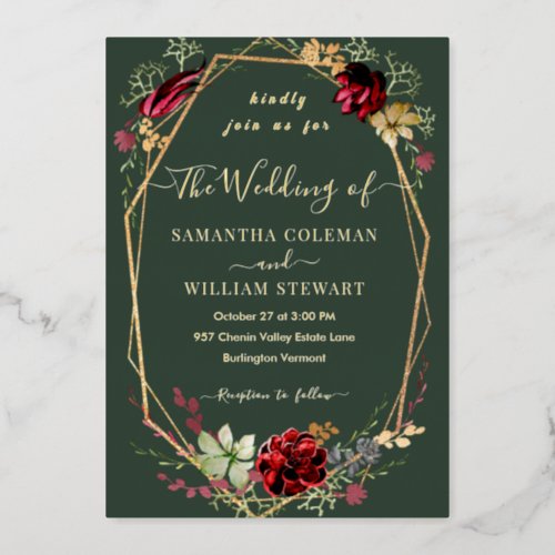 Geometric Rustic Boho Wildflower Green Wedding Foil Invitation