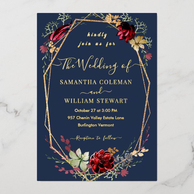 Geometric Rustic Boho Wildflower Navy Blue Wedding Foil Invitation (Front)