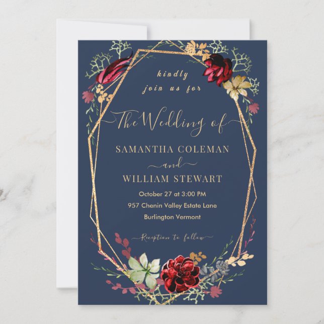 Geometric Rustic Boho Wildflower Navy Blue Wedding Invitation (Front)