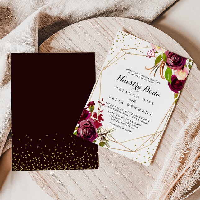 Geometric Rustic Burgundy Nuestra Boda Wedding Invitation (Creator Uploaded)