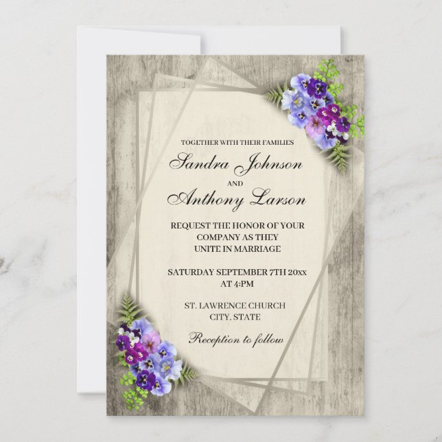 Geometric Rustic Elegant Pansies Wedding Invitation (Front)