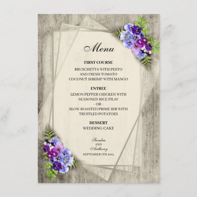 Geometric Rustic Elegant Pansies Wedding Menu (Front)