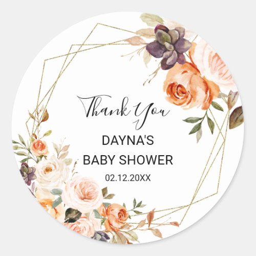 Geometric Rustic Floral Baby Shower Thank you Classic Round Sticker