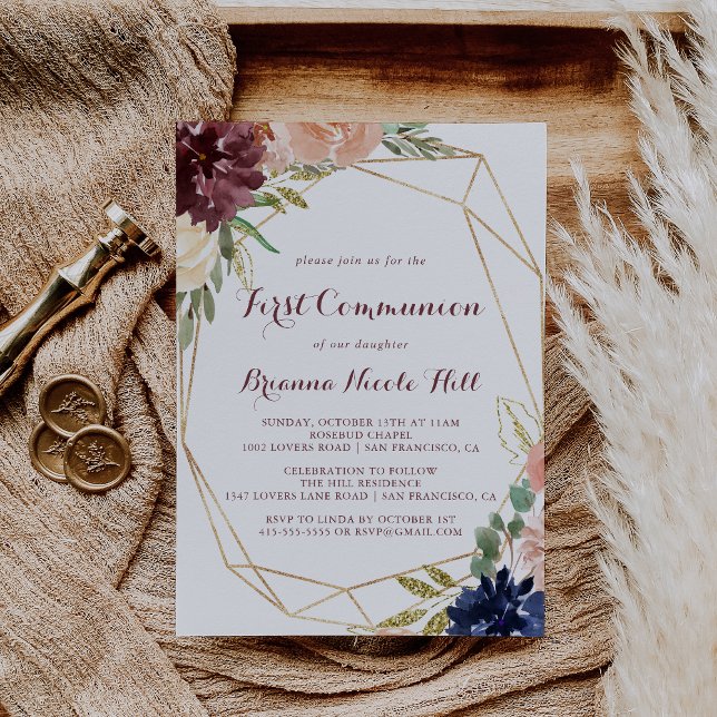 Geometric Rustic Gold Calligraphy First Communion Invitation (Creator Uploaded)