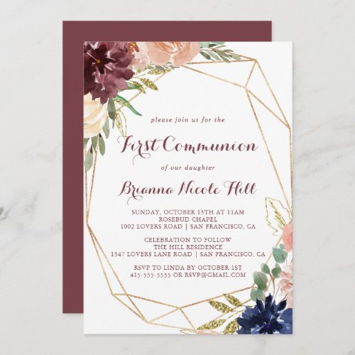 Geometric Rustic Gold Calligraphy First Communion Invitation