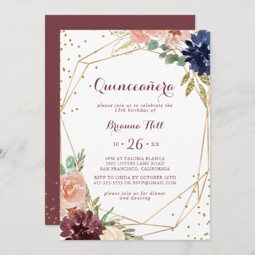 Geometric Rustic Gold Glitter Quinceaera Invitation