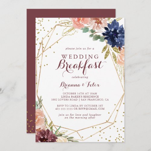 Geometric Rustic Gold Glitter Wedding Breakfast Invitation
