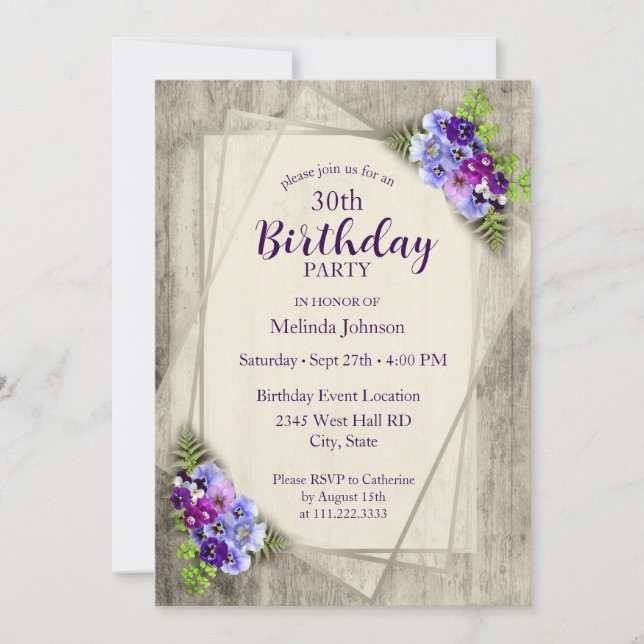 Geometric Rustic Pansies 30th Birthday Invitation (Front)