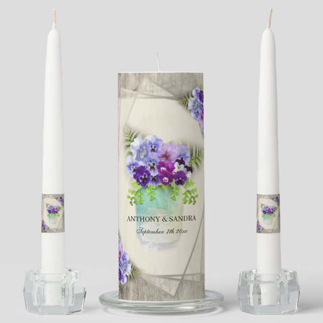 Geometric Rustic Pansies and Mason Jar Wedding Unity Candle Set (Front)