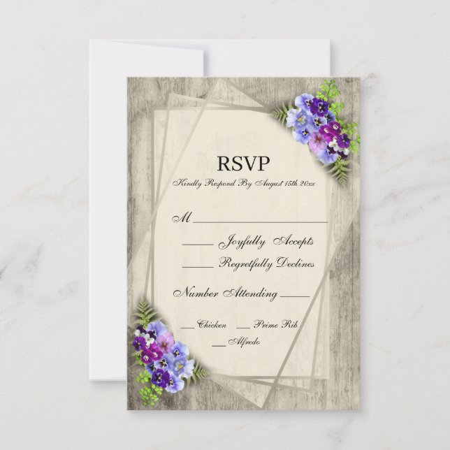 Geometric Rustic Pansies in Blue & Purple RSVP (Front)