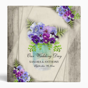 Geometric Rustic Pansies Wedding Album 3 Ring Binder