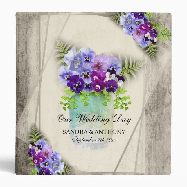 Geometric Rustic Pansies Wedding Album 3 Ring Binder (Front)