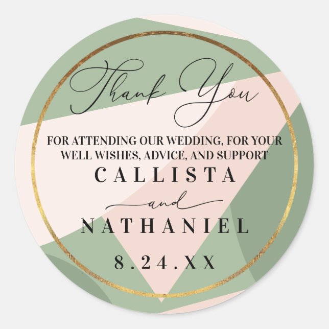 Geometric Sage Green Dusty Pink Thank You Classic Round Sticker (Front)
