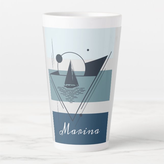 Geometric Sailboat Modern Art Personalized Latte Mug (Front)