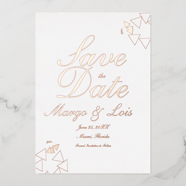 Geometric Script Save the Date Pressed Foil Invitation (Front)