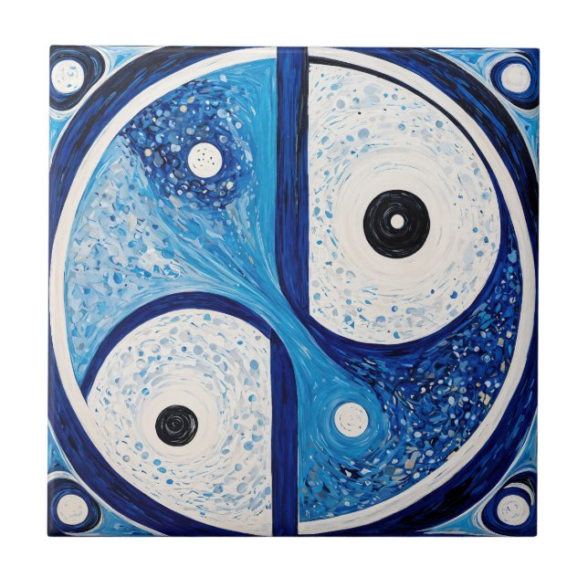 Geometric Serenity: Blue & White Yin Yang Ceramic Tile (Front)