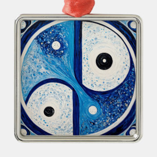 Geometric Serenity: Blue & White Yin Yang Metal Ornament
