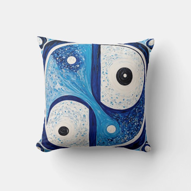 Geometric Serenity: Blue & White Yin Yang Throw Pillow (Front)