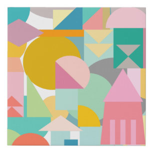 Geometric Shapes Collage in Fun Bright Colors Faux Canvas Print