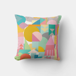 Geometric Shapes Collage in Fun Bright Colors Throw Pillow