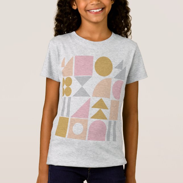 Geometric Shapes Pattern in Pastel Pink and Gold T-Shirt (Front)
