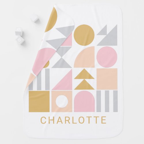 Geometric Shapes Pattern in Pink and Gold Name Baby Blanket