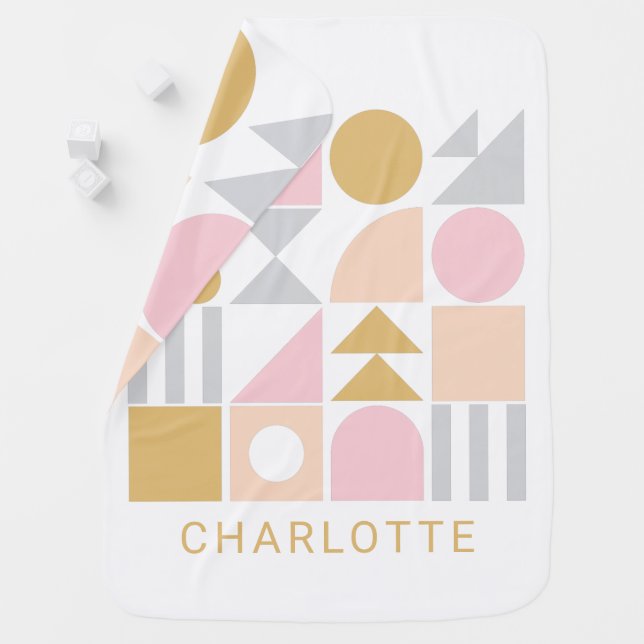 Geometric Shapes Pattern in Pink and Gold Name Baby Blanket (In Situ)