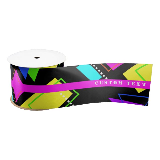 GEOMETRIC SHAPES PATTERNED NEON RETRO 80'S FASHION SATIN RIBBON (Spool)