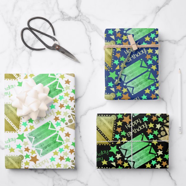 Geometric Shapes White Blue Black Wrapping Paper Sheets (Front)