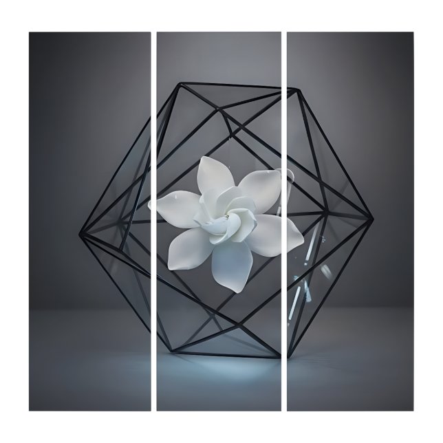 Geometric Silence Embracing a Pure White Bloom Triptych (Front)