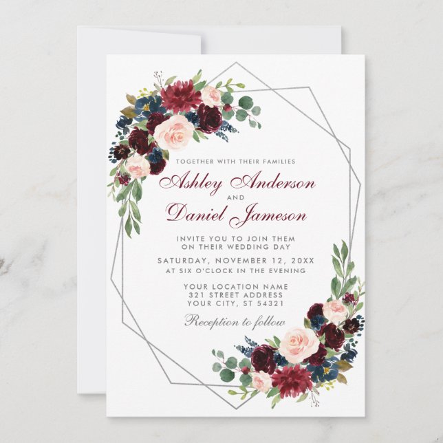 Geometric Silver Blue Burgundy Floral Wedding Invitation (Front)