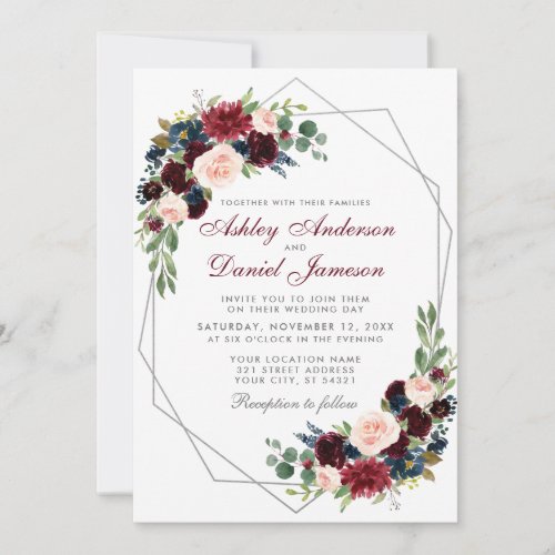 Geometric Silver Blue Burgundy Floral Wedding Invitation