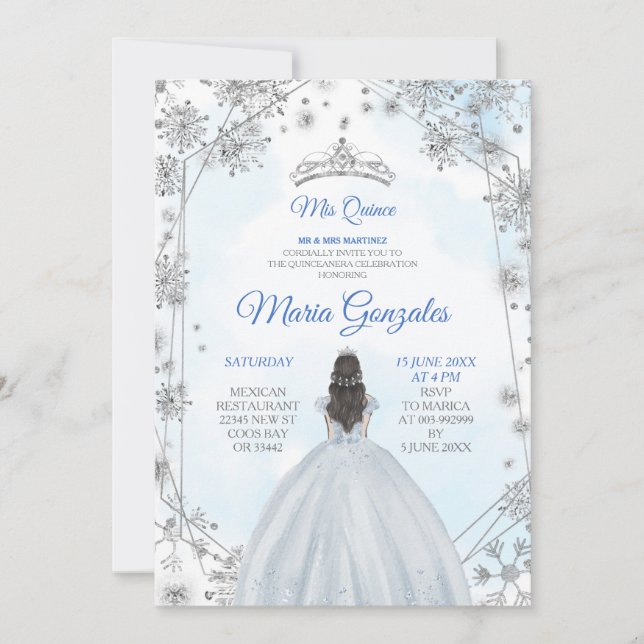 Geometric Silver Blue Christmas Quinceanera Invite (Front)