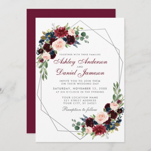 Geometric Silver Burgundy Blue Floral Wedding Invitation