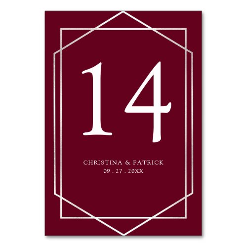 Geometric Silver  Burgundy Wedding Table Number