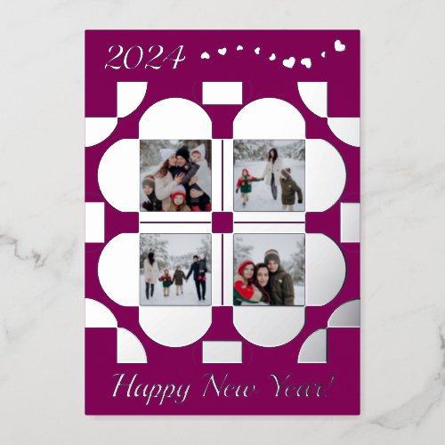 Geometric silver frames _ 4 photos happy new year foil holiday card