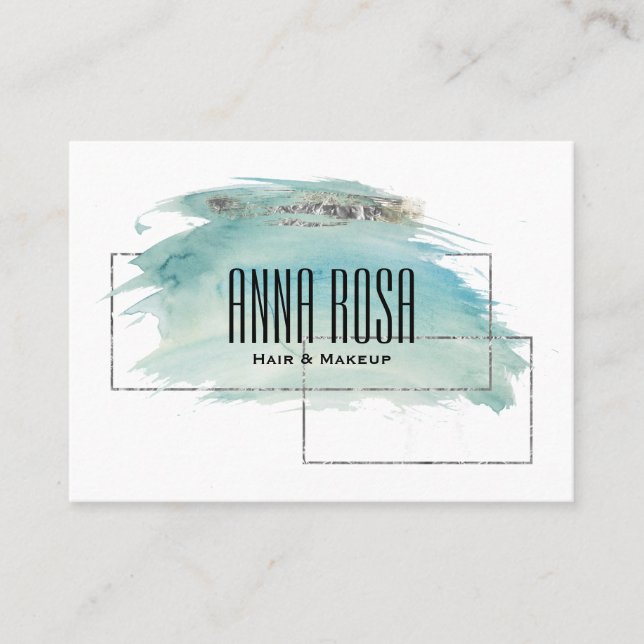 *~* Geometric Silver Girly Turquoise Watercolor Business Card (Front)