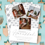 Geometric Silver Stars Of David Hanukkah 3 Photo Holiday Card<br><div class="desc">This modern Hanukkah card features 3 instant photo collage on a background pattern of geometric stars pattern. The greeting is a mix typography of a trendy handwriting script and simple sans serif text. The 'Happy Hanukkah' greeting and background can be changed to any color of your choice. Designed / original...</div>