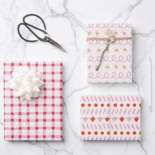 Geometric Simple Red White Pink Gingham Christmas Wrapping Paper Sheets