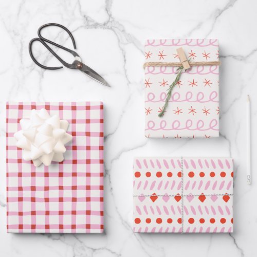 Geometric Simple Red White Pink Gingham Christmas Wrapping Paper Sheets