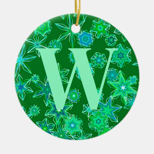 Geometric Snowflakes Emerald Green Personalized  Ceramic Ornament
