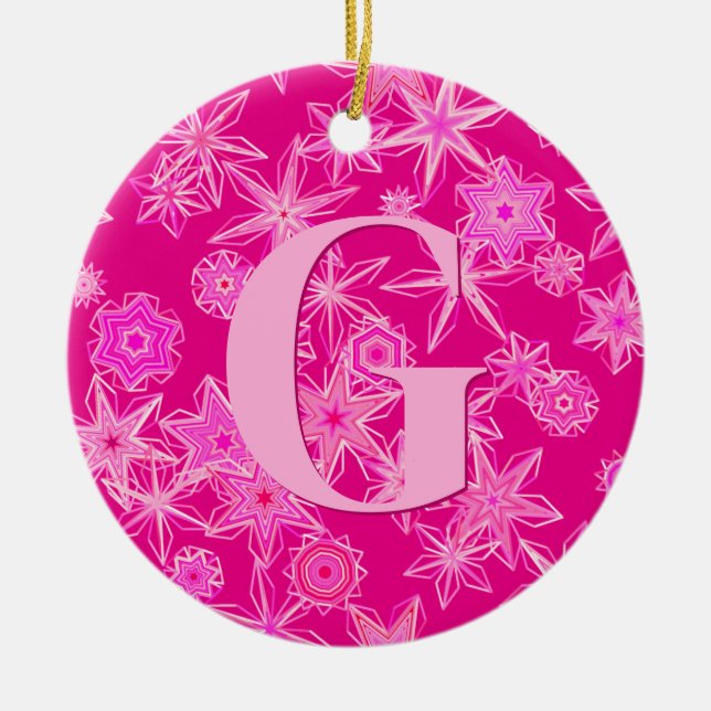 Geometric Snowflakes, Fuchsia Pink Personalized  Ceramic Ornament (Front)